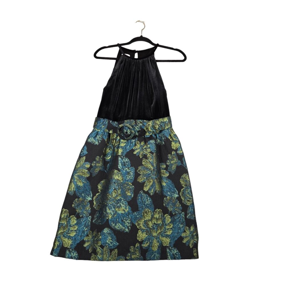 Madison‎ Womans Dress Size 10 Sleeveless Belt Black Blue Fit & Flare Knee Length